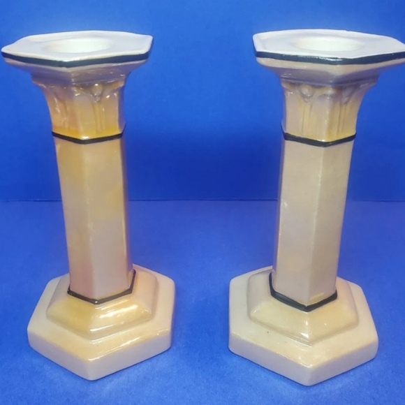 Pedestal Roman Column Candlestick Holders Vintage Lusterware Unique Peach Beige - Picture 7 of 9